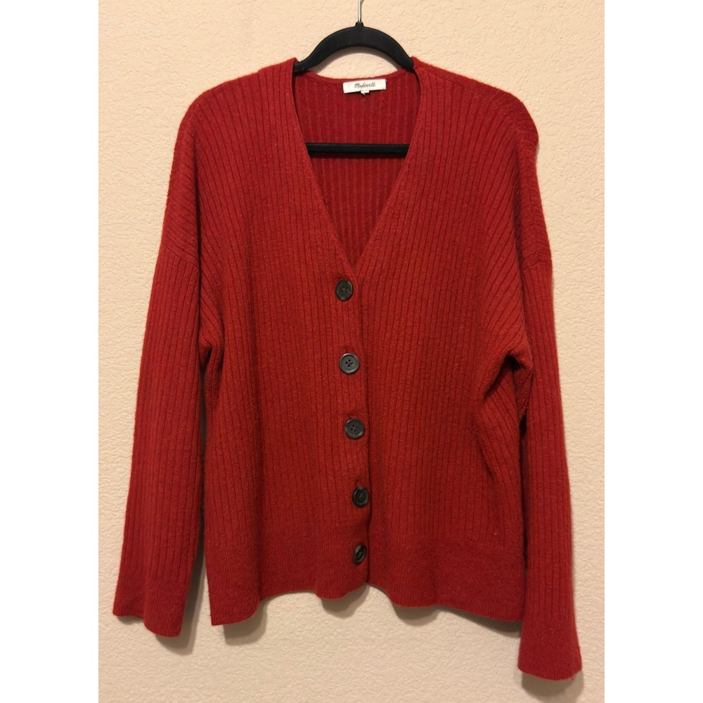 Madewell Oversized Cardigan Sweater Red Ribbed Alpaca Wool Blend Boxy Cropped M